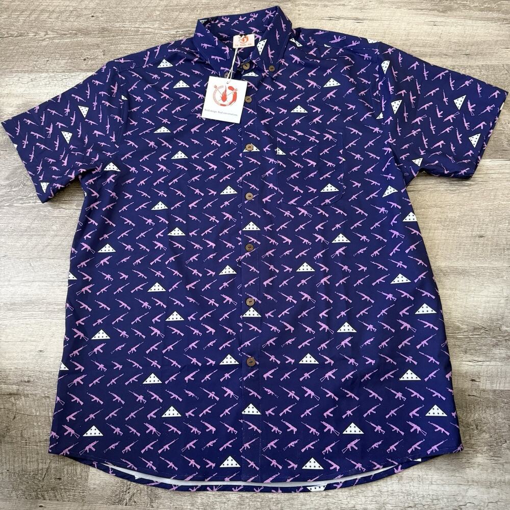 Fire Ready Aim Button-Up Shirt Mens Large Purple Short Sleeve Rifle Print Flag - Picture 3 of 8
